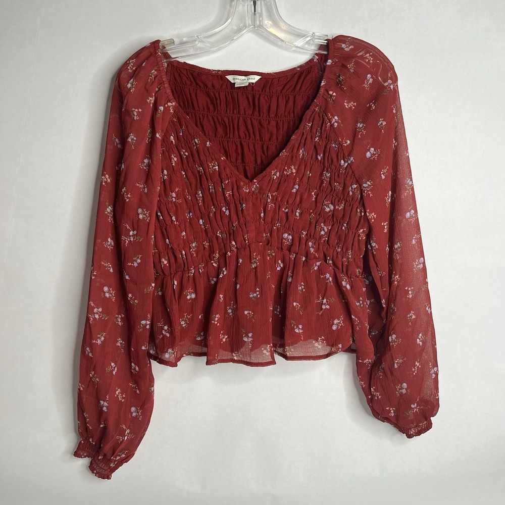 American Eagle Blouse Top Womens S Red Floral Balloon Sleeve V Neck Cropped BOHO